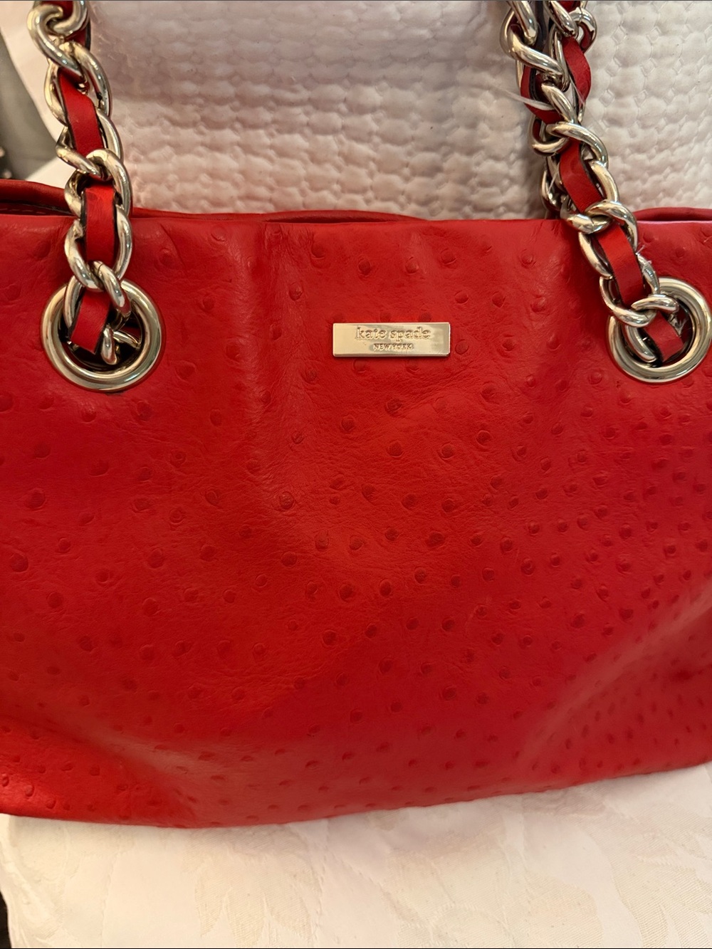 kate spade red ostrich-embossed chain-handle tote